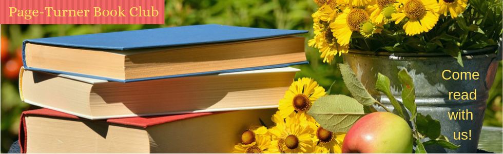 Picture of a stack of books and a bucket of flowers with the words, "Page-turner book club" and "Come read with us!"