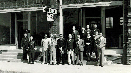 historic image of people in front of the library in Cleveland, OK
