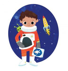 Boy in astronaut suit holding a book while a little alien peeks over his shoulder and a rocketship blasts off in the background.