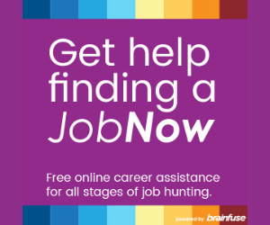 Get help finding a job now. Free online career assistance for all stages of job hunting. Rainbow background.